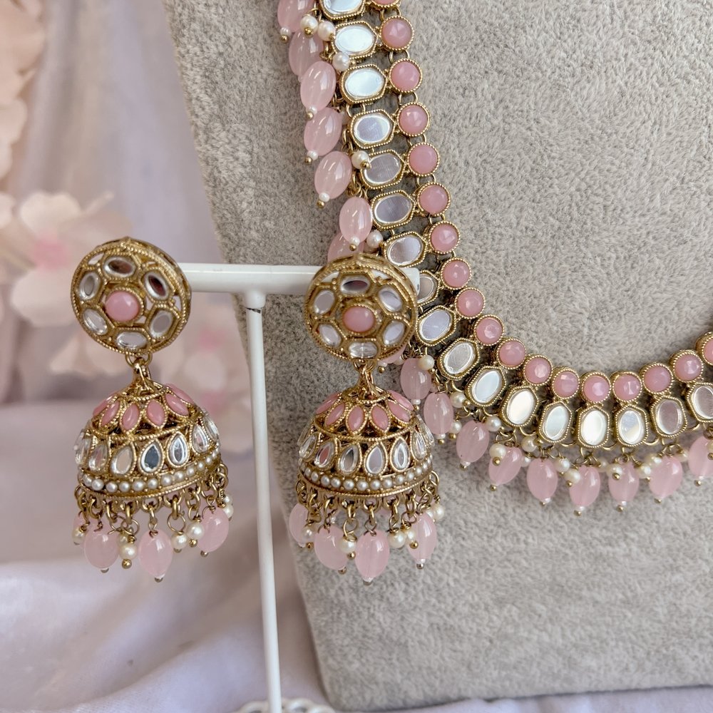 Long Mirrored Necklace set - Light Pink - SOKORA JEWELSLong Mirrored Necklace set - Light Pink