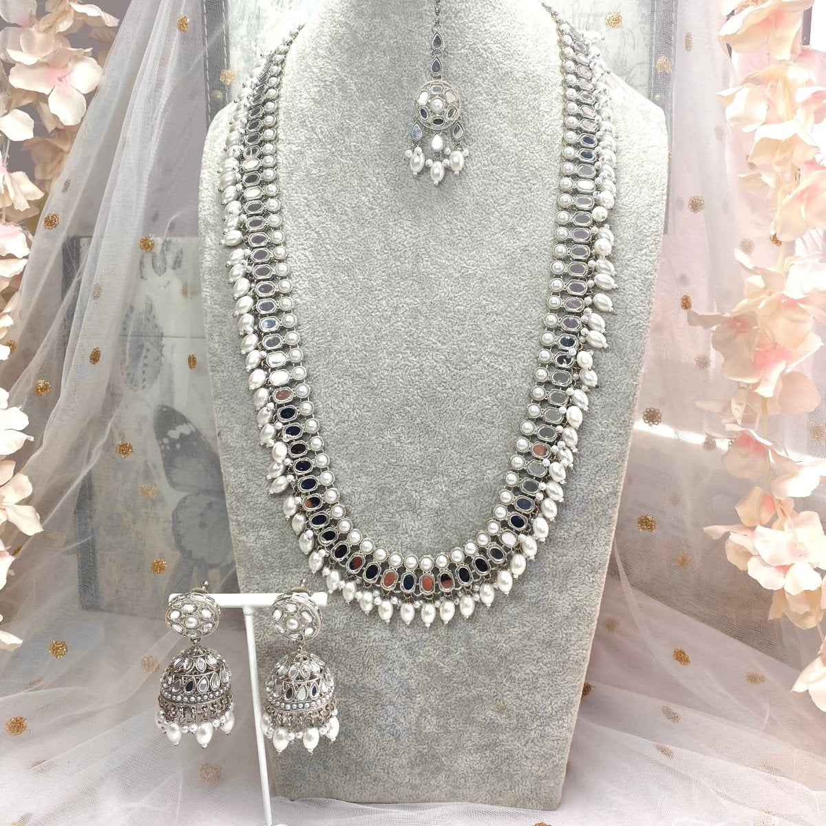 Long Mirrored Necklace set - Silver - SOKORA JEWELSLong Mirrored Necklace set - Silver