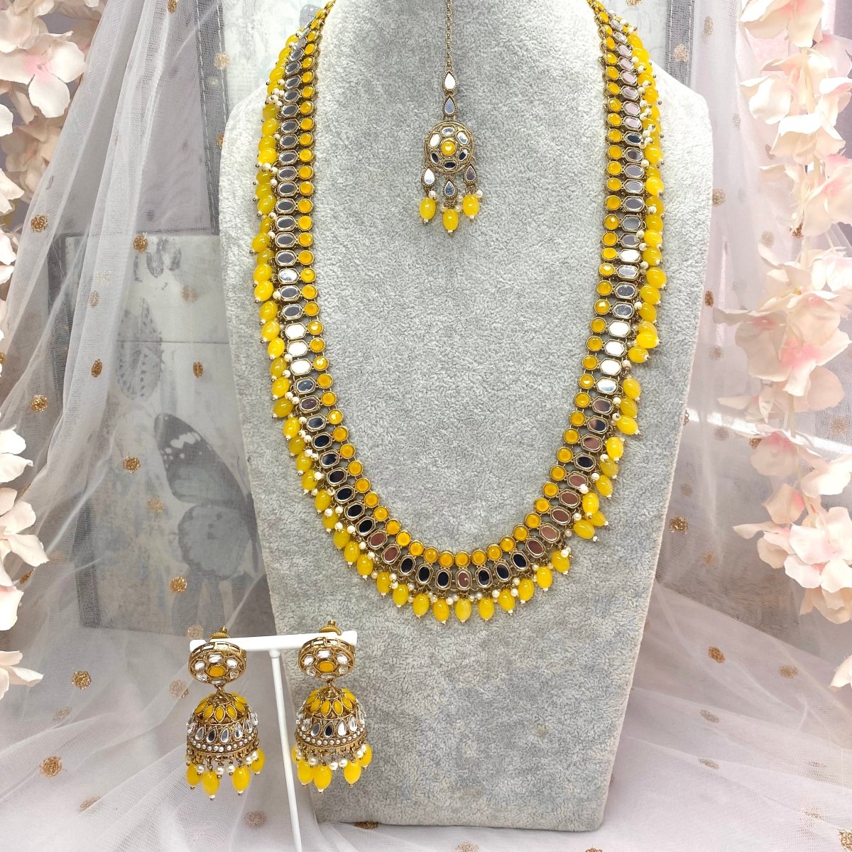 Long Mirrored Necklace set - Yellow – SOKORA JEWELS