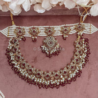 Lubna Bridal Double necklace set - Maroon - SOKORA JEWELSLubna Bridal Double necklace set - Maroon