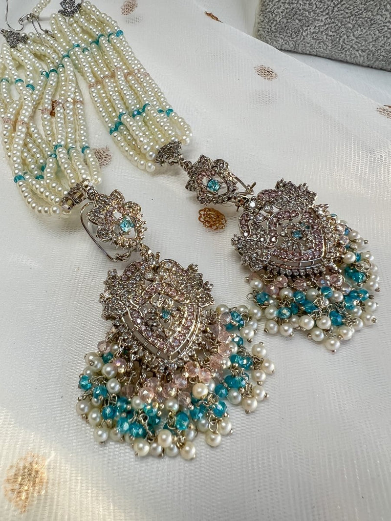 Lubna Silver Bridal Double necklace set - Blue/Pink - SOKORA JEWELSLubna Silver Bridal Double necklace set - Blue/Pink