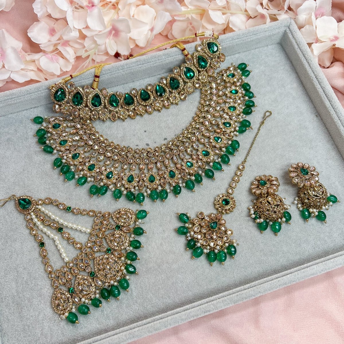 Lucie Bespoke Bridal Double necklace set - Green - SOKORA JEWELSLucie Bespoke Bridal Double necklace set - Green