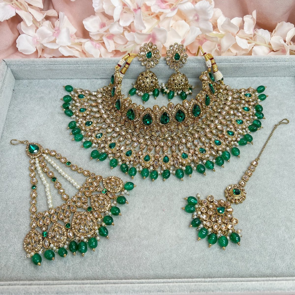 Lucie Bespoke Bridal Double necklace set - Green - SOKORA JEWELSLucie Bespoke Bridal Double necklace set - Green