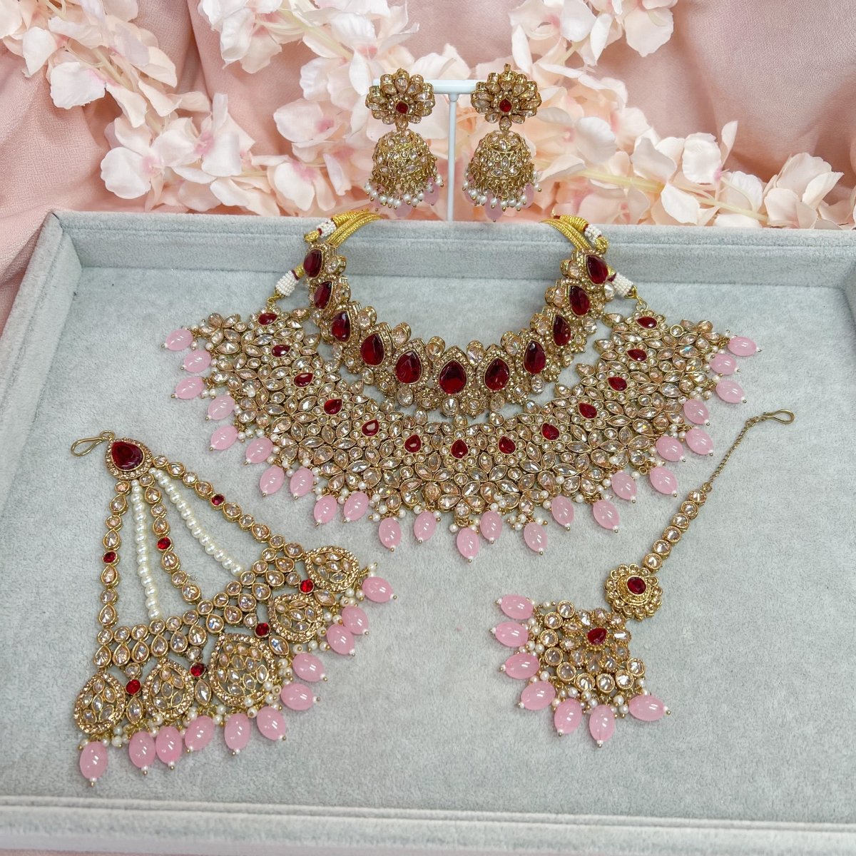 Lucie Bridal Double necklace set - Maroon/Pink