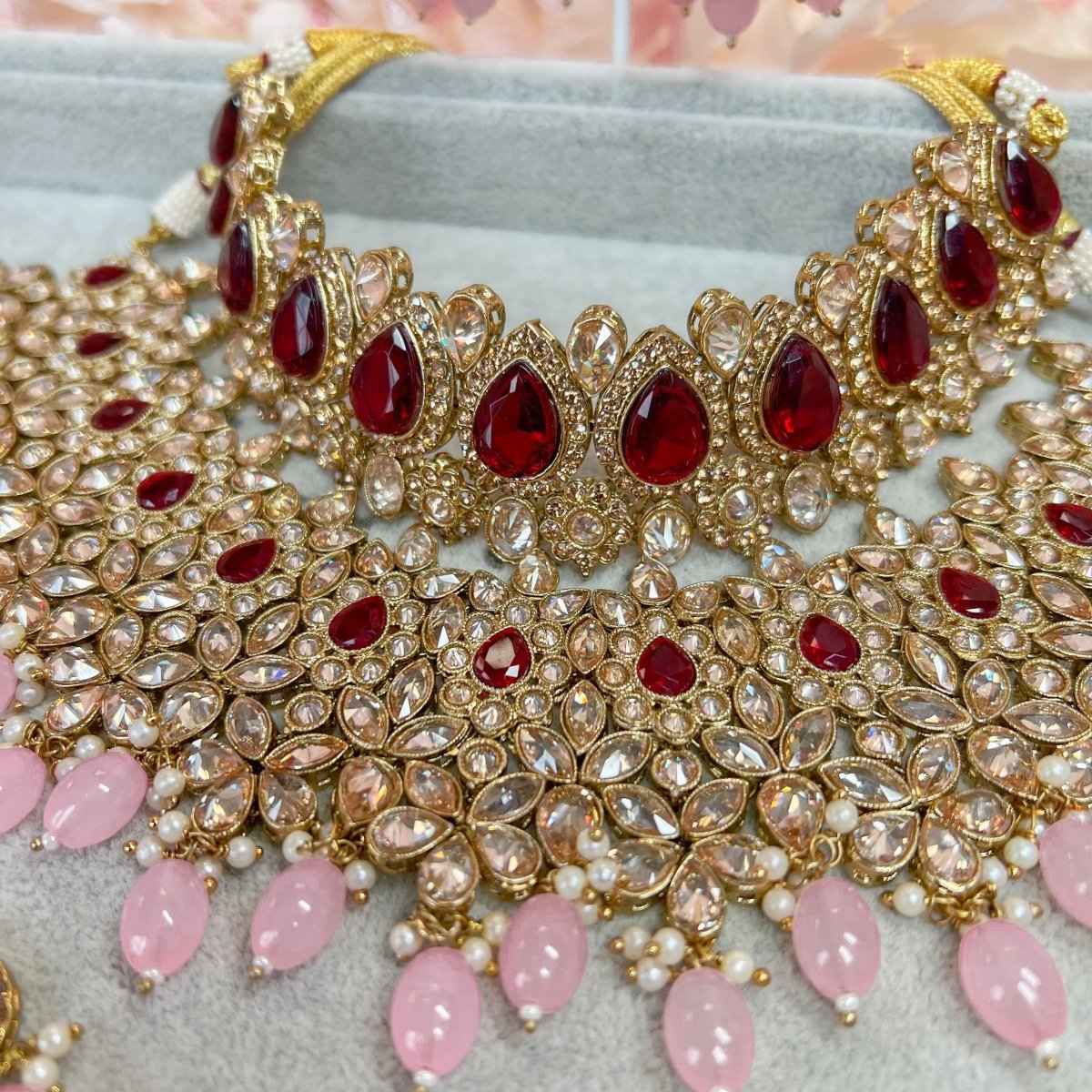 Lucie Bridal Double necklace set - Maroon/Pink - SOKORA JEWELSLucie Bridal Double necklace set - Maroon/Pink