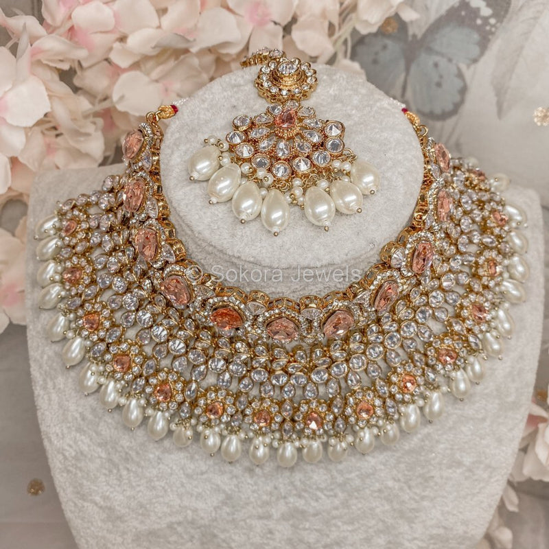 Lucie Bridal Double necklace set - Peach - SOKORA JEWELSLucie Bridal Double necklace set - Peach