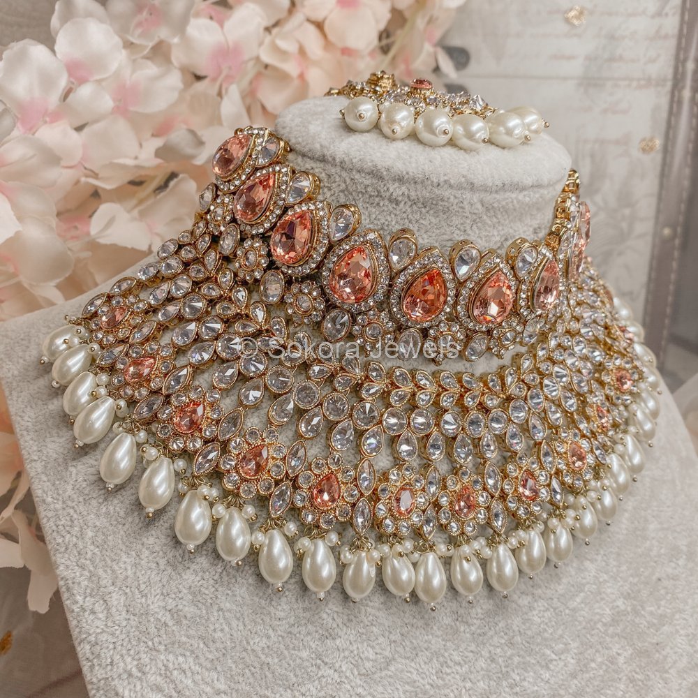 Lucie Bridal Double necklace set - Peach - SOKORA JEWELSLucie Bridal Double necklace set - Peach