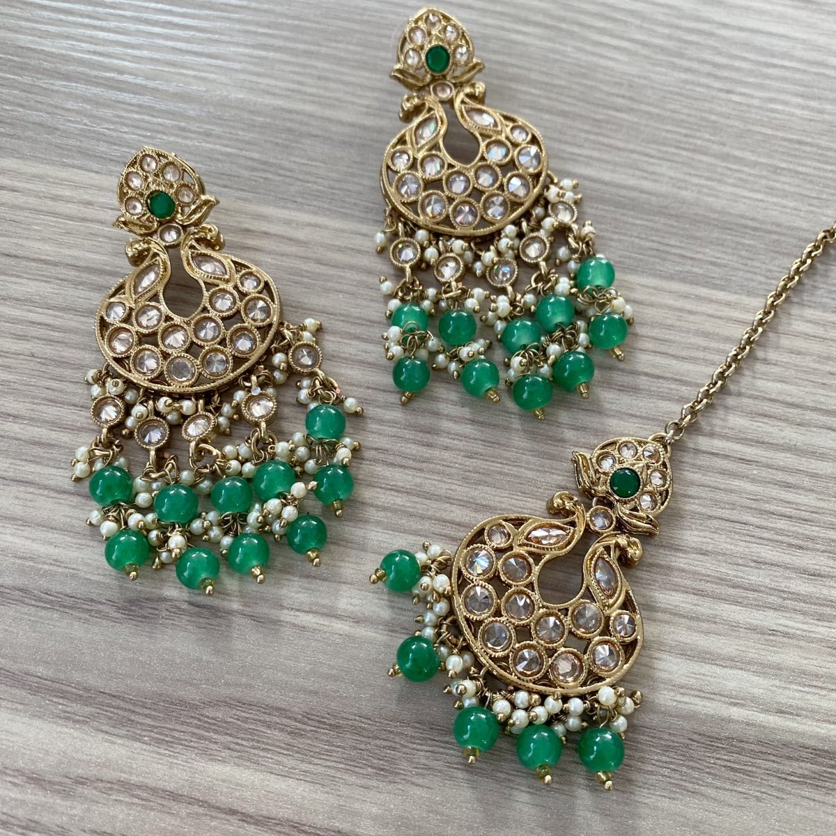 Lydia Antique Earrings and Tikka sets - Green - SOKORA JEWELSLydia Antique Earrings and Tikka sets - Green
