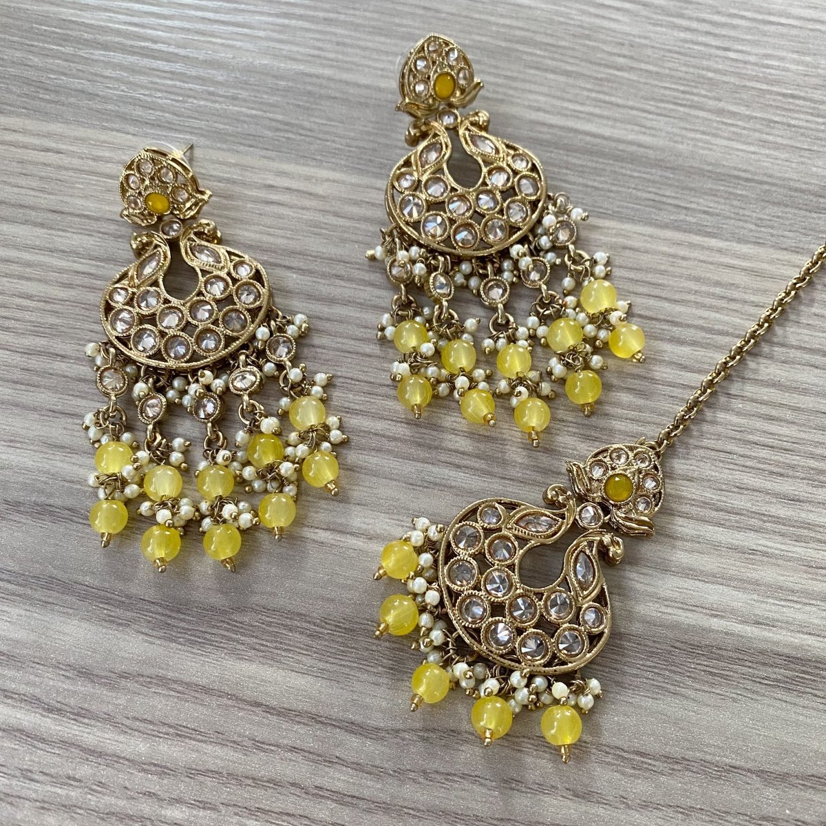 Lydia Antique Earrings and Tikka sets - Yellow - SOKORA JEWELSLydia Antique Earrings and Tikka sets - Yellow