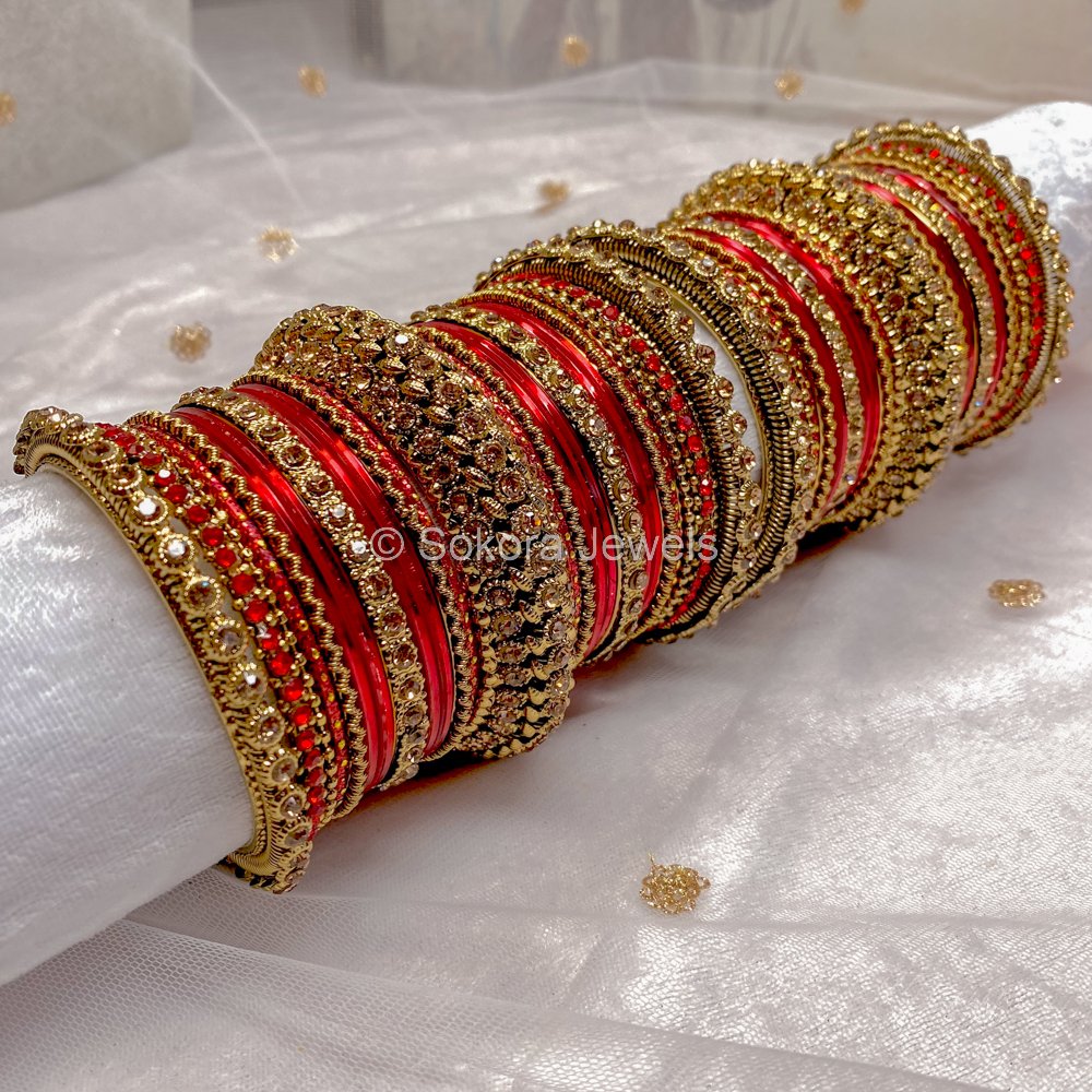 Maharani Bridal Bangle Set- Red - SOKORA JEWELSMaharani Bridal Bangle Set- RedBANGLES