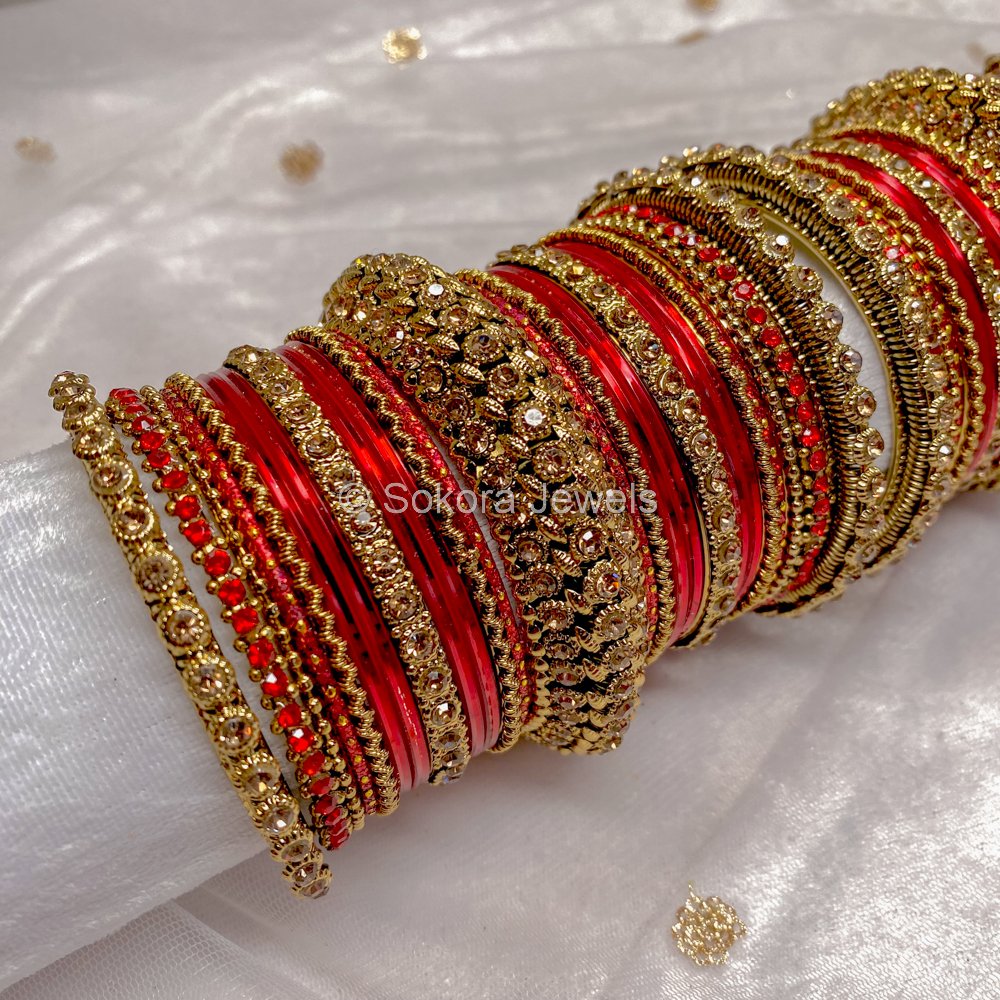 Maharani Bridal Bangle Set- Red - SOKORA JEWELSMaharani Bridal Bangle Set- RedBANGLES