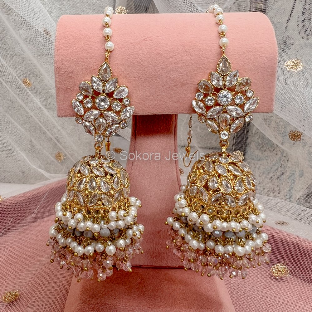 Mahira Gold Jhumka Earrings - Pastels - SOKORA JEWELSMahira Gold Jhumka Earrings - Pastels