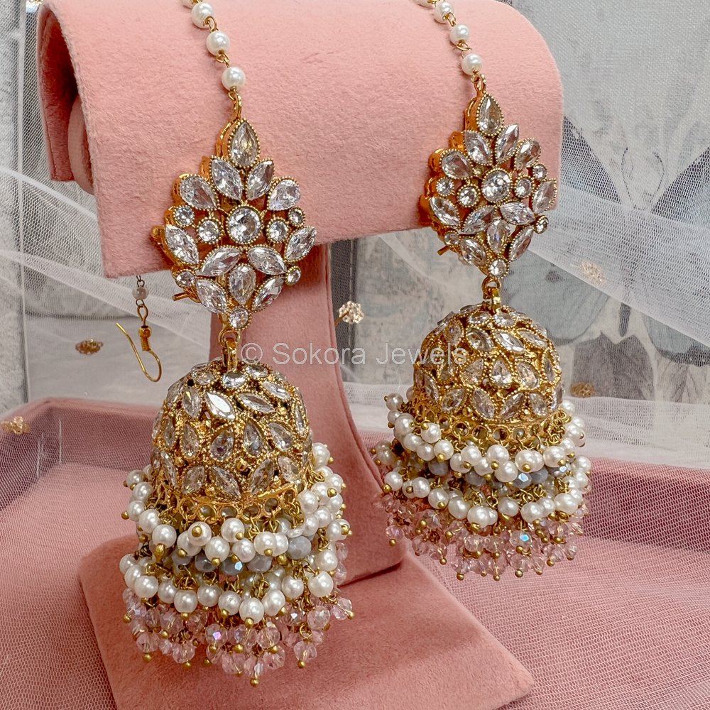 Mahira Gold Jhumka Earrings - Pastels - SOKORA JEWELSMahira Gold Jhumka Earrings - Pastels