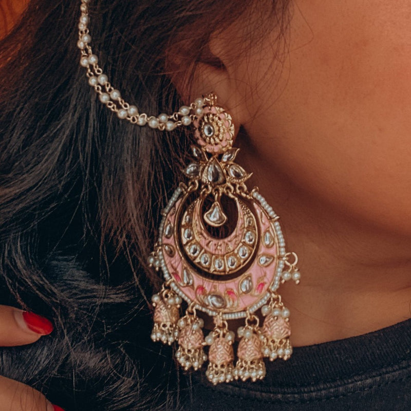 Mansi Painted ChandBali Earrings - Peach - SOKORA JEWELSMansi Painted ChandBali Earrings - Peach