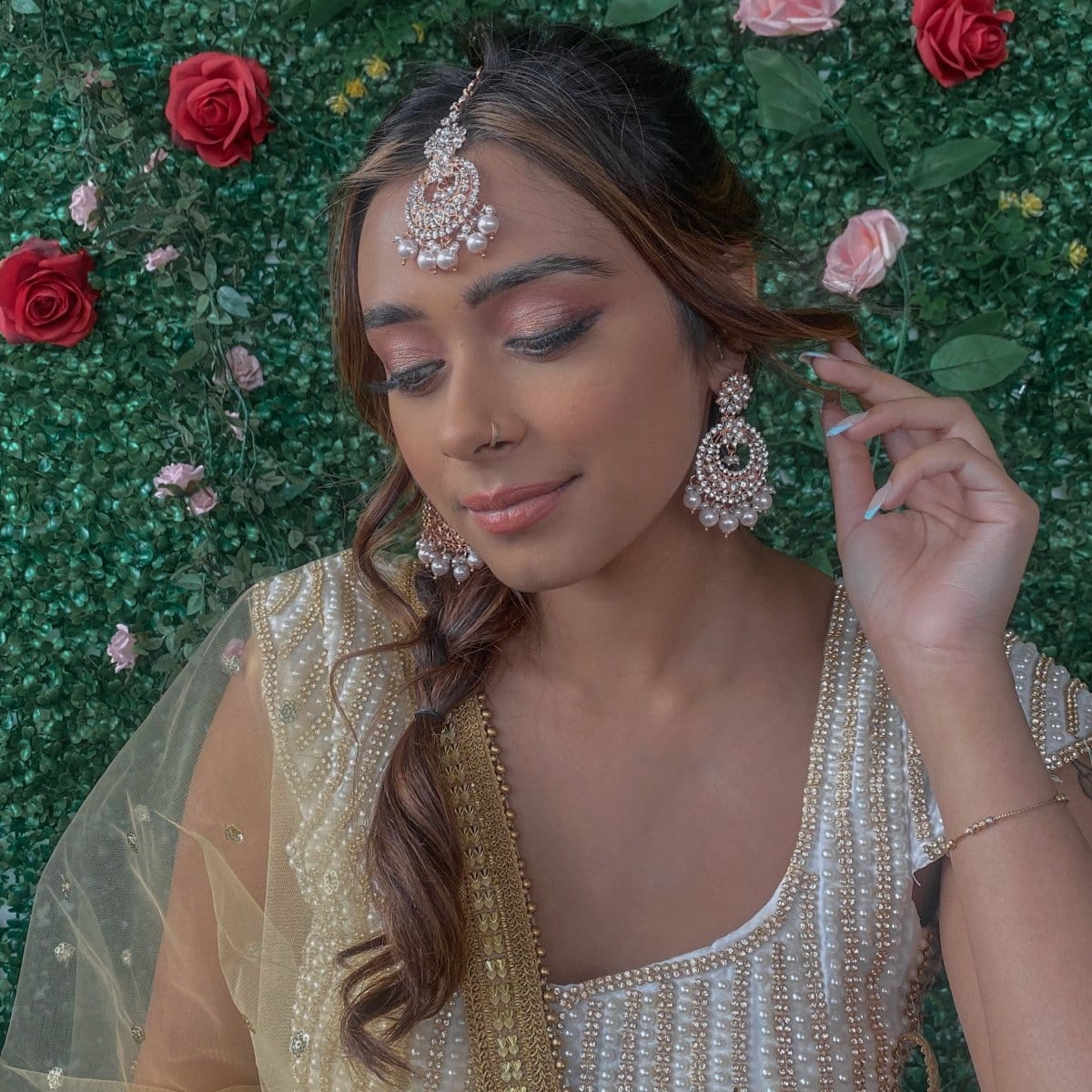 Meera Rose Gold Earrings And Tikka Set SOKORA JEWELS Meera rose gold earrings and tikka set sokora jewels