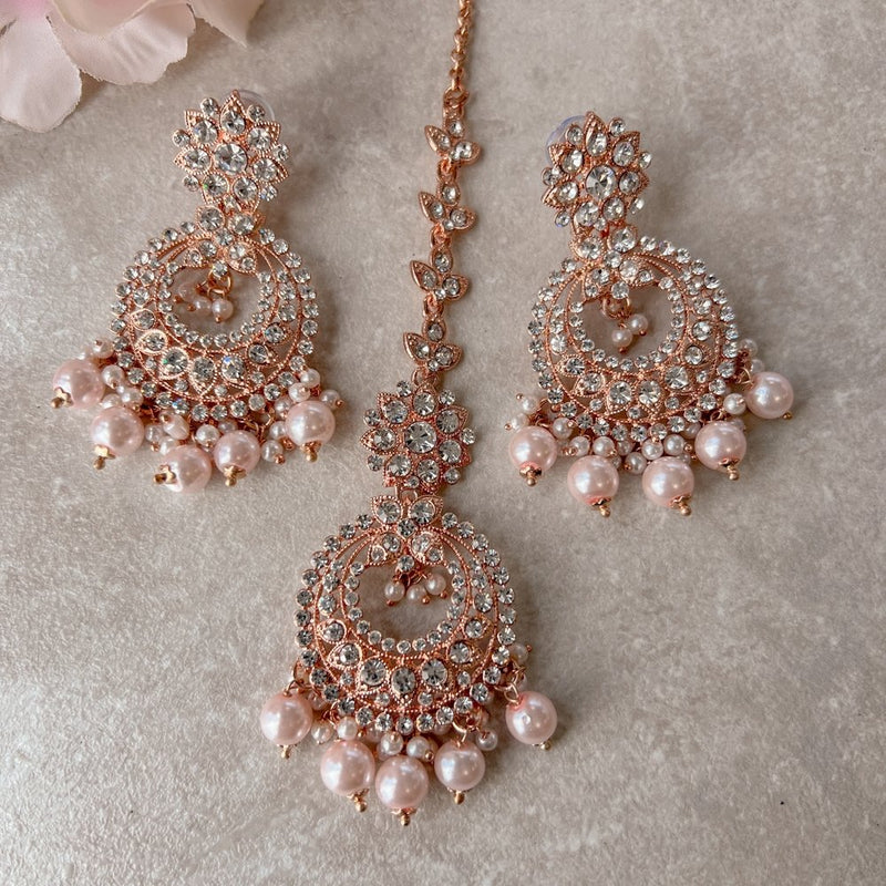 Meera Rose Gold Earrings and Tikka set - SOKORA JEWELSMeera Rose Gold Earrings and Tikka set