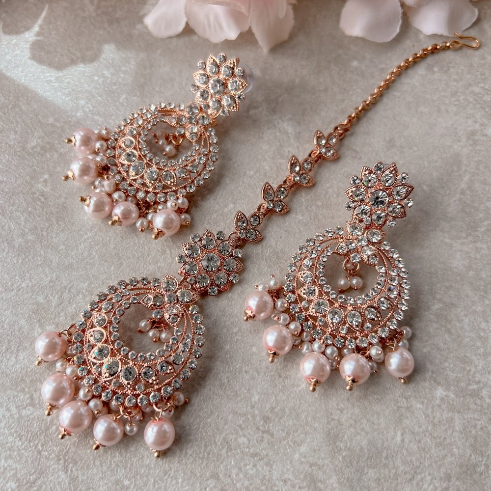 Meera Rose Gold Earrings and Tikka set - SOKORA JEWELSMeera Rose Gold Earrings and Tikka set