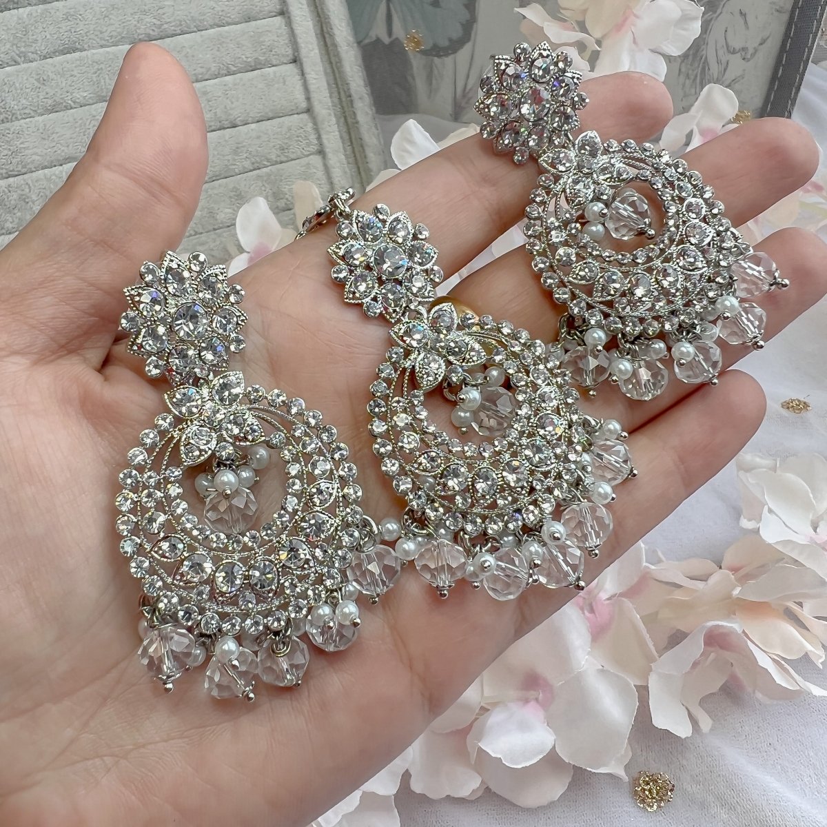 Meera Silver Earrings and Tikka set - Clear - SOKORA JEWELSMeera Silver Earrings and Tikka set - Clear
