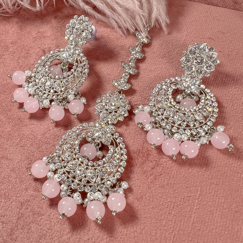 Meera Silver Earrings and Tikka set - Light Pink - SOKORA JEWELSMeera Silver Earrings and Tikka set - Light Pink