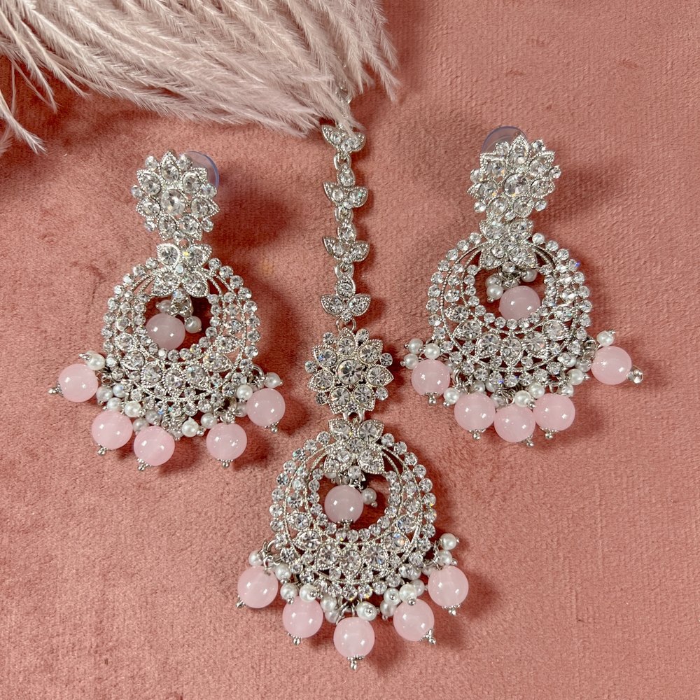 Elegant Set Of Silver Pink Color Diamond Necklace, Earrings With Mangtika