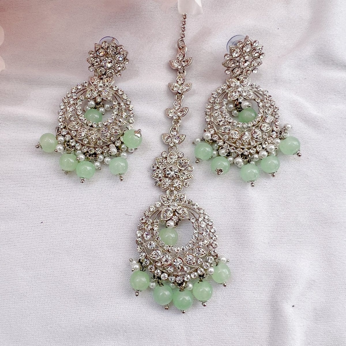 Meera Silver Earrings and Tikka set Mint – SOKORA JEWELS