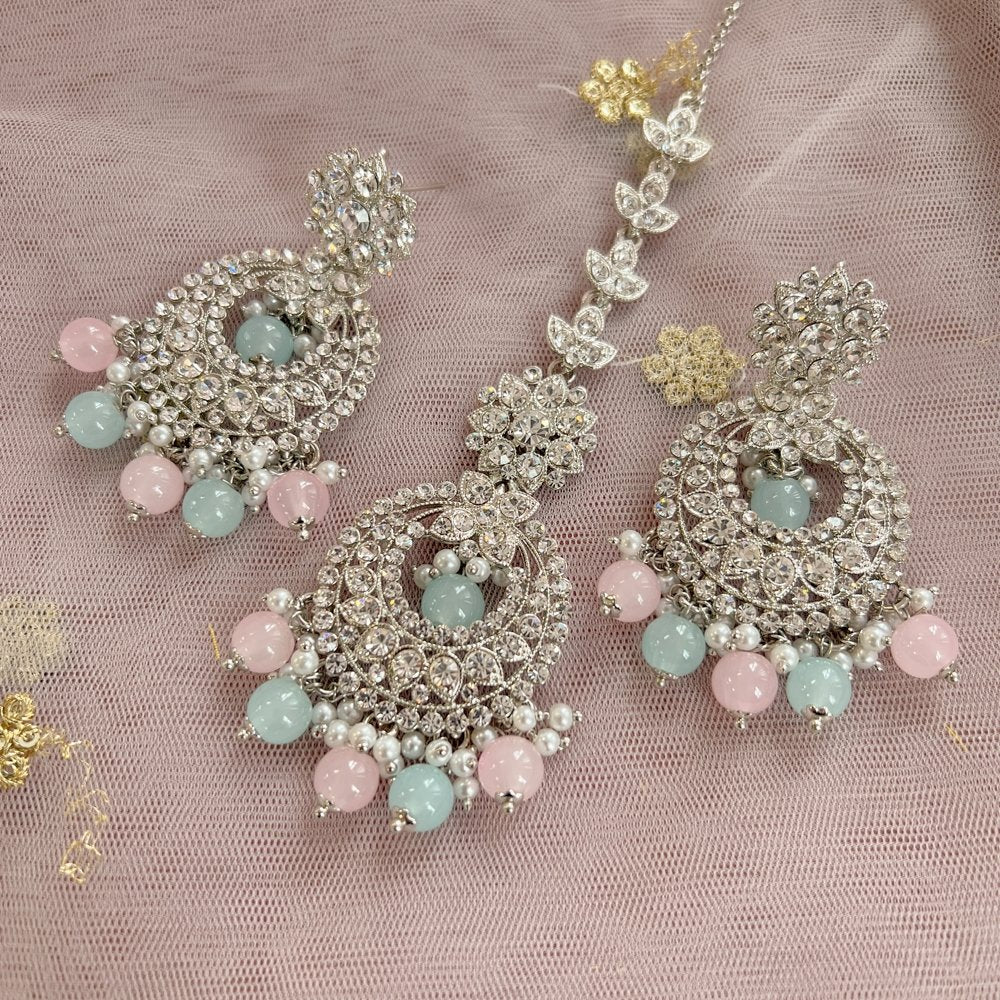 Meera Silver Earrings and Tikka set - Pastels - SOKORA JEWELSMeera Silver Earrings and Tikka set - Pastels
