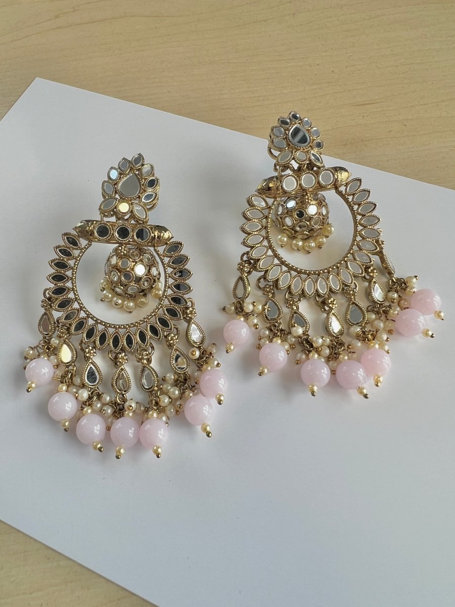 Mirabelle Mirrored ChandBali Earrings - Pink - SOKORA JEWELSMirabelle Mirrored ChandBali Earrings - Pink