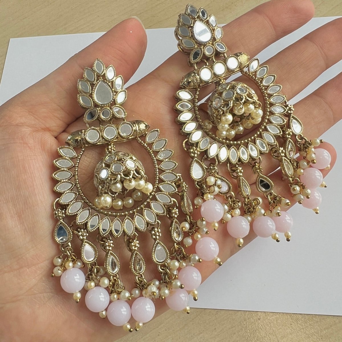 Mirabelle Mirrored ChandBali Earrings - Pink - SOKORA JEWELSMirabelle Mirrored ChandBali Earrings - Pink