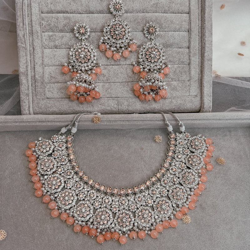 Mohini Silver Necklace set - Peach - SOKORA JEWELSMohini Silver Necklace set - Peach