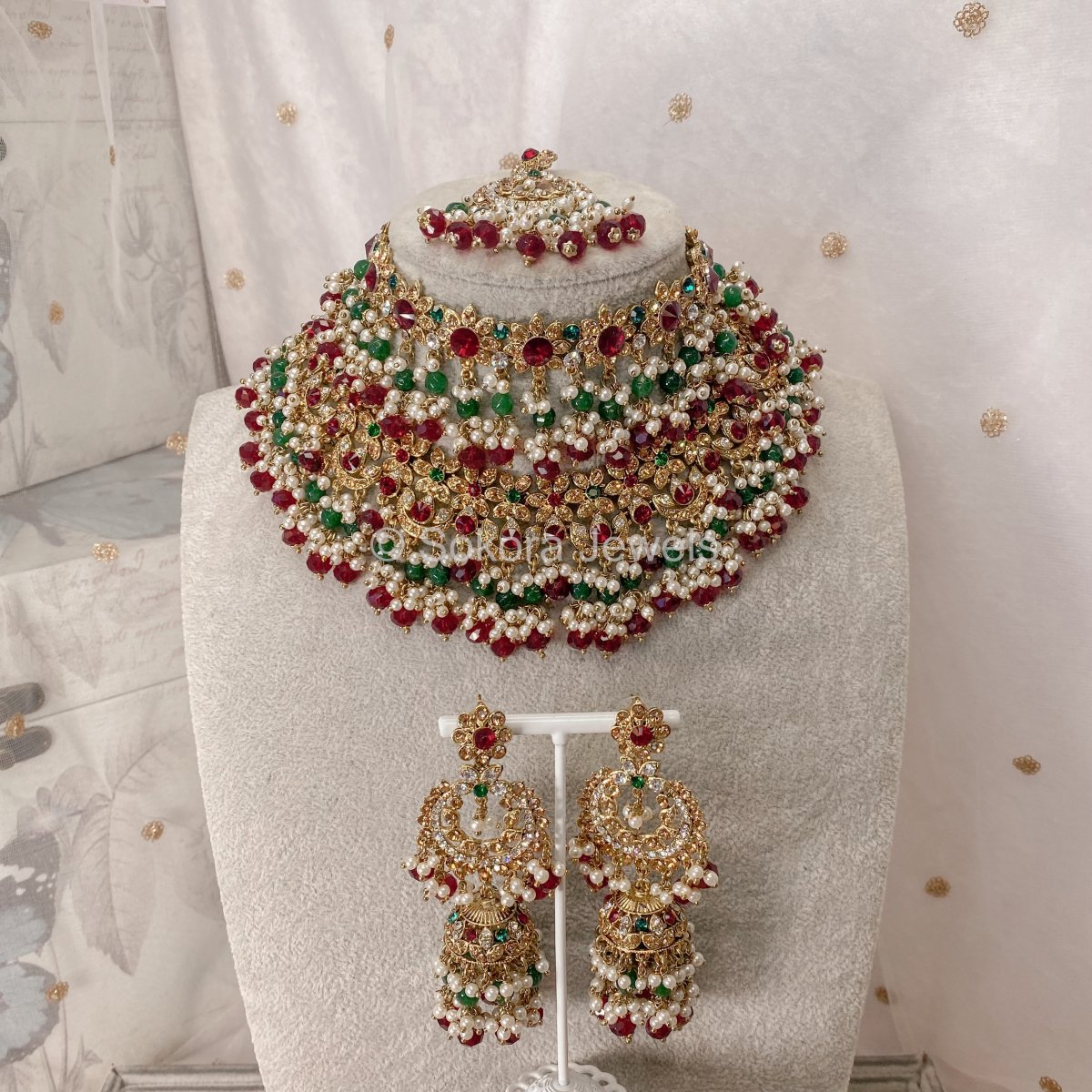 Nadia Double Bridal Necklace Set - Maroon/Green - SOKORA JEWELSNadia Double Bridal Necklace Set - Maroon/Greennecklace sets