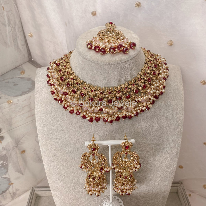 Nadia Necklace Set - Maroon/Pink - SOKORA JEWELSNadia Necklace Set - Maroon/Pink