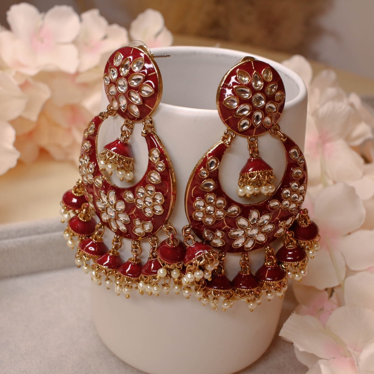 Natasha Jhumka Drop Painted Earrings - Burgandy - SOKORA JEWELSNatasha Jhumka Drop Painted Earrings - Burgandy