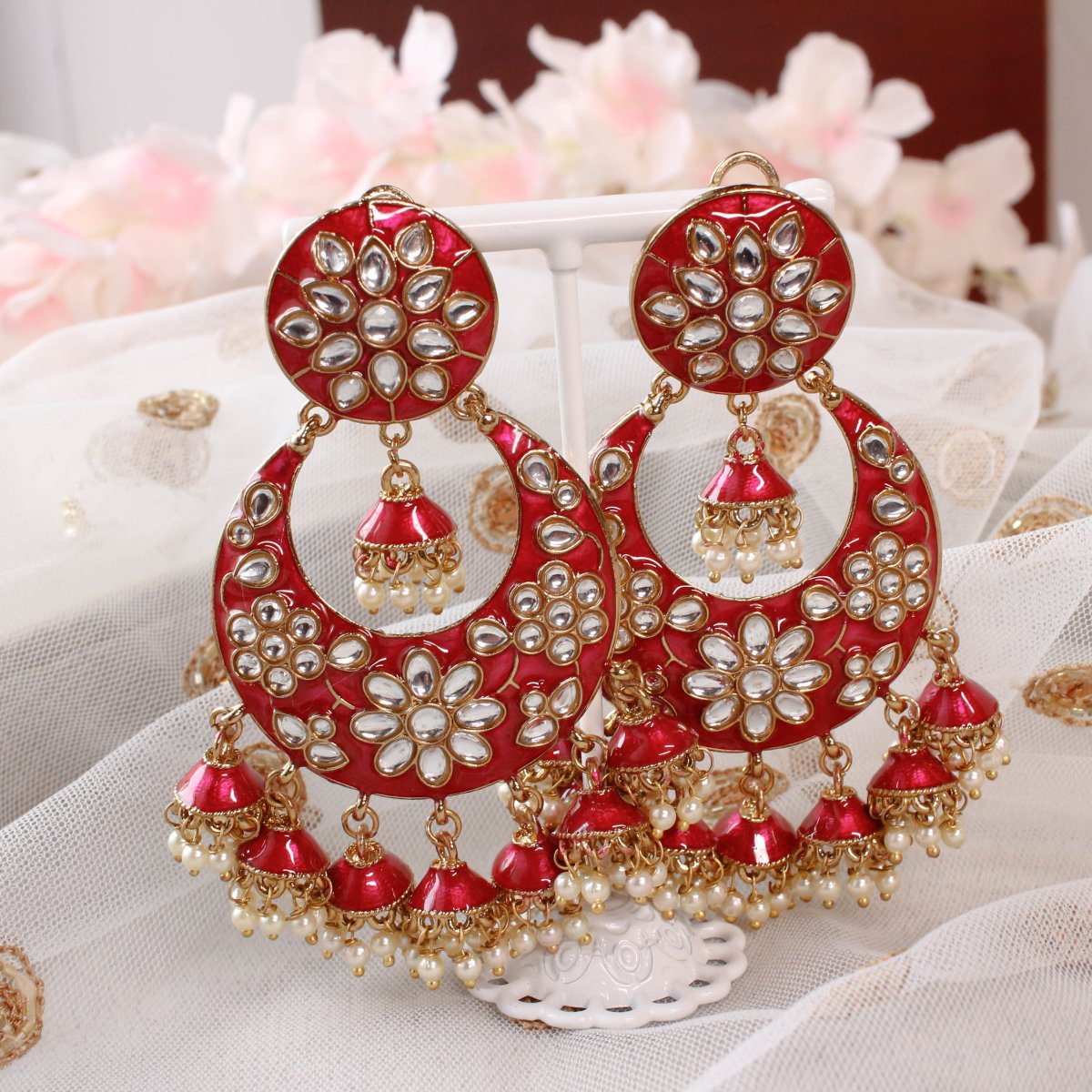 Stone Studded Golden and Red Earrings 244JW03