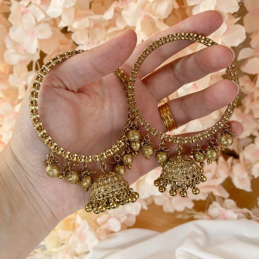 Neha Antique Gold Jhumka Bangles - SOKORA JEWELSNeha Antique Gold Jhumka BanglesBANGLES