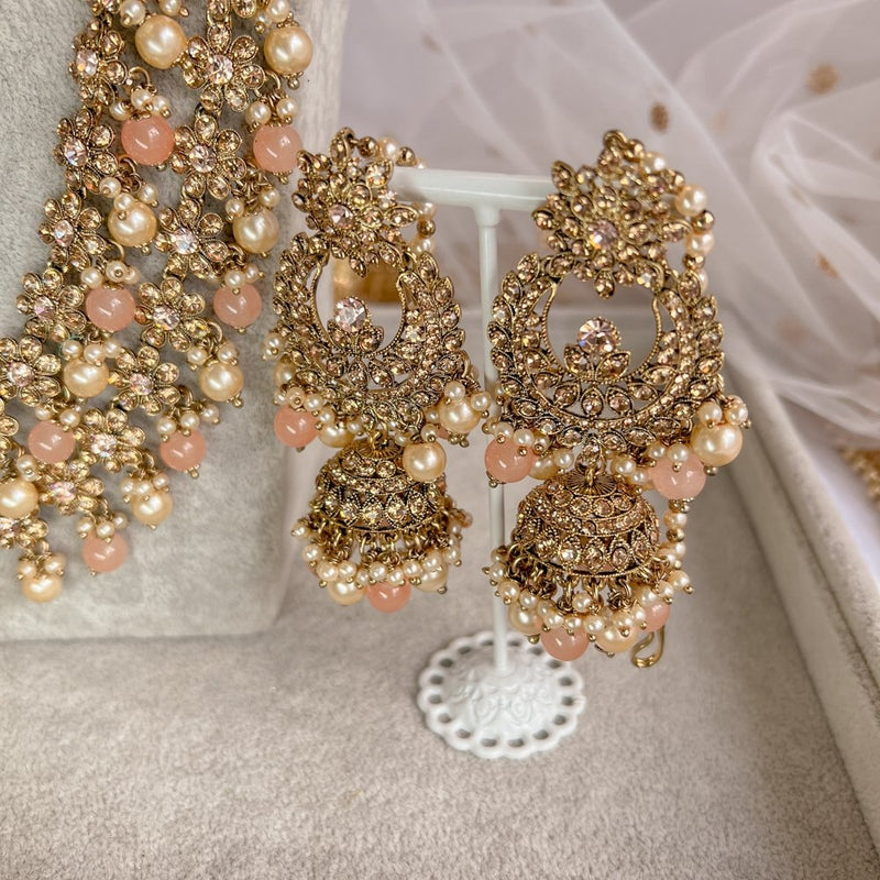 Noor Antique Bridal Necklace set - Peach - SOKORA JEWELSNoor Antique Bridal Necklace set - Peach