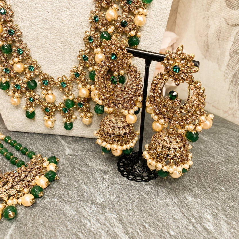 NOOR Bridal Necklace set - Green – SOKORA JEWELS