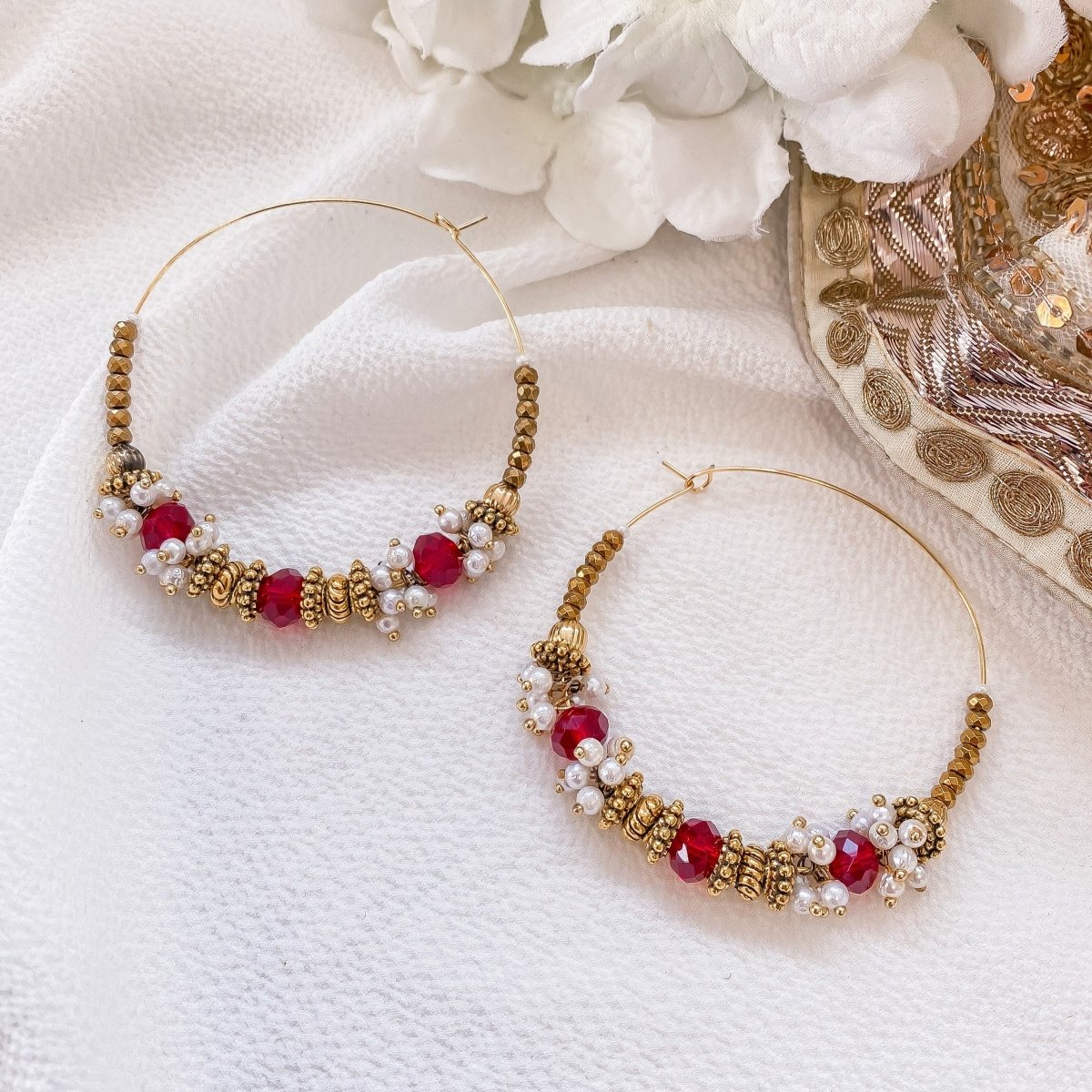 ANTICO Combo of 2 Traditional Ethnic Fancy Maroon White Pearl Attached Hoop  Jumka Jumki Jhumki Jhumka Earrings for Girls and Women.