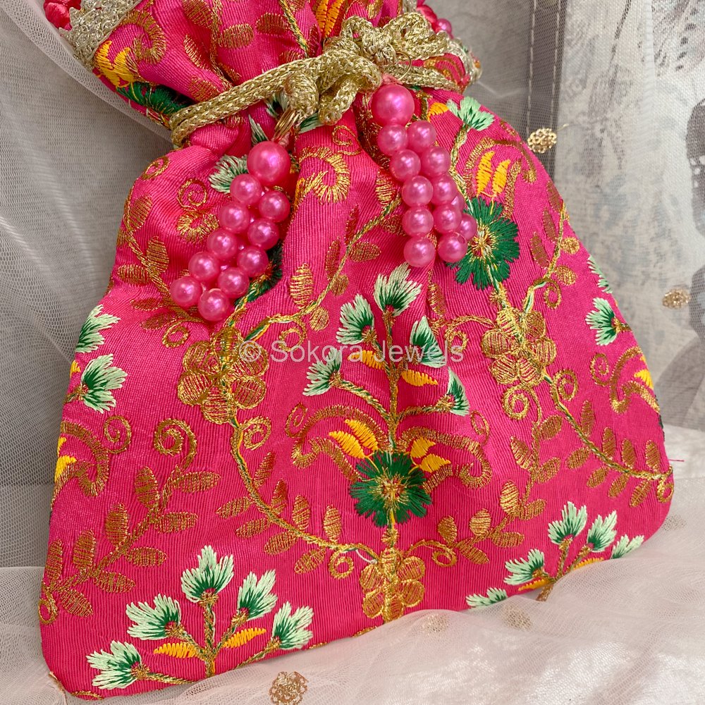 Pink Floral Potli Bag - SOKORA JEWELSPink Floral Potli Bag