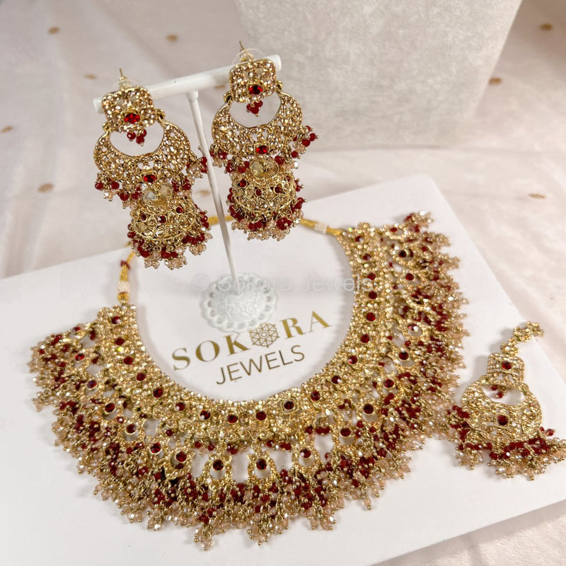 Qudsia Necklace set - Maroon - SOKORA JEWELSQudsia Necklace set - Maroon