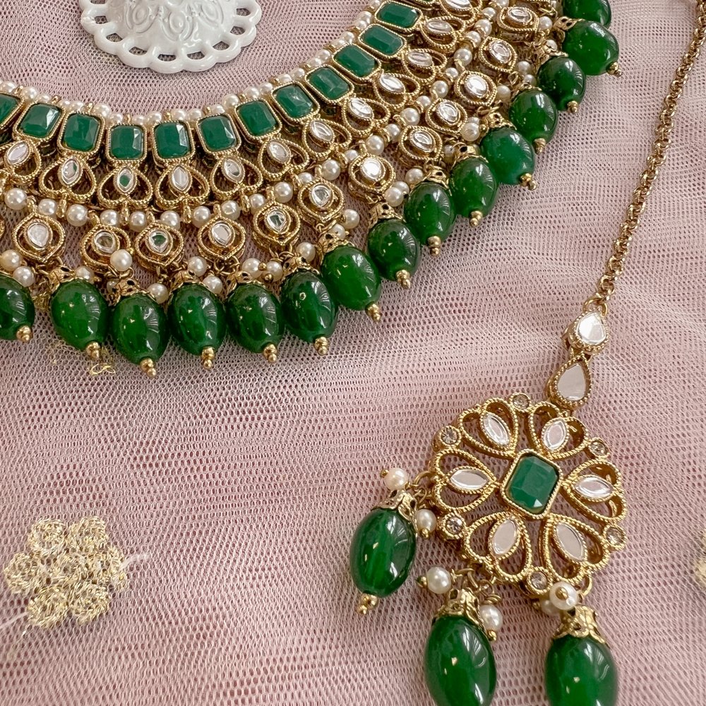 Ramila Mirrored Necklace set - Dark Green - SOKORA JEWELSRamila Mirrored Necklace set - Dark GreenNECKLACE SETS
