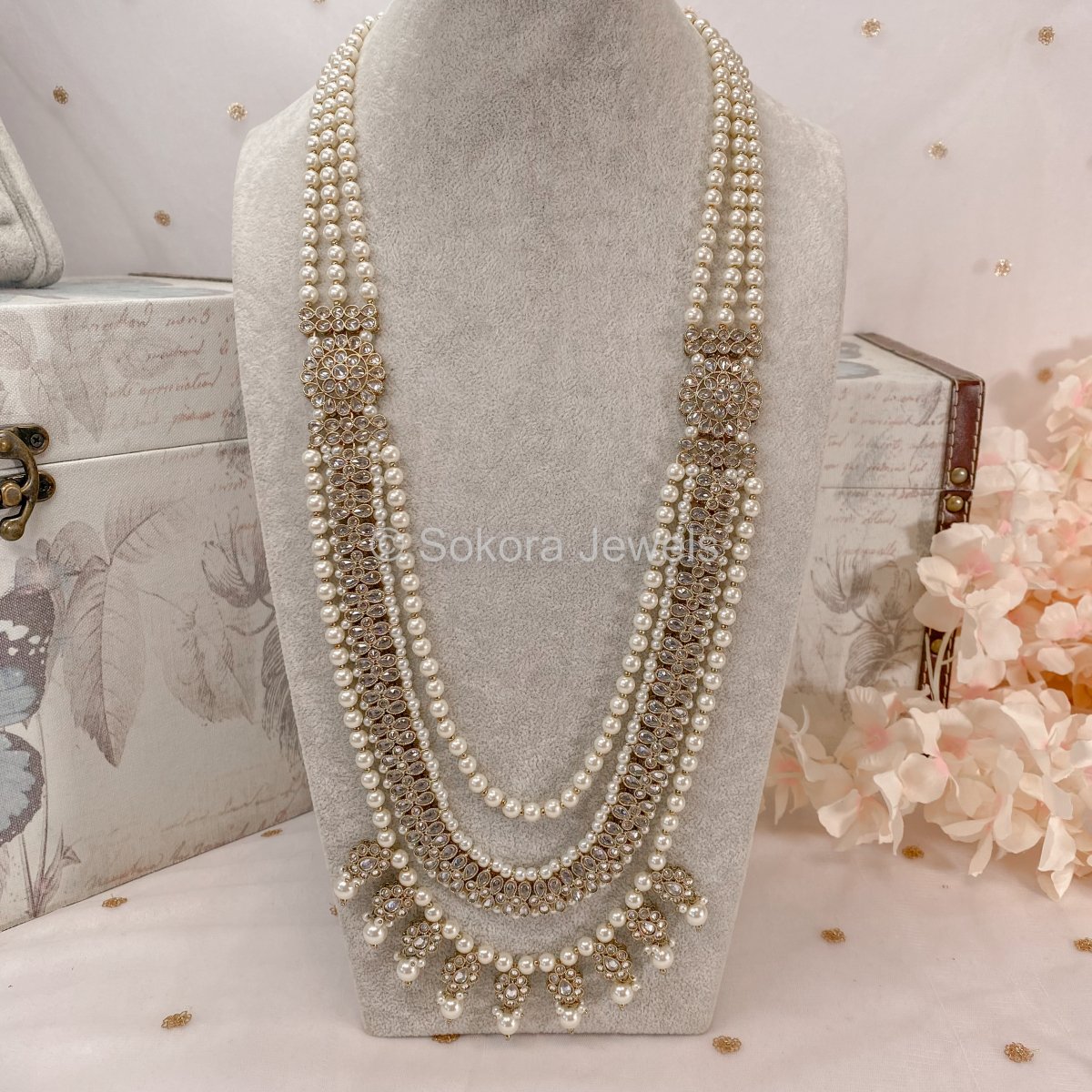 Sarah Antique Gold Long Mala - Pearl - SOKORA JEWELSSarah Antique Gold Long Mala - Pearl