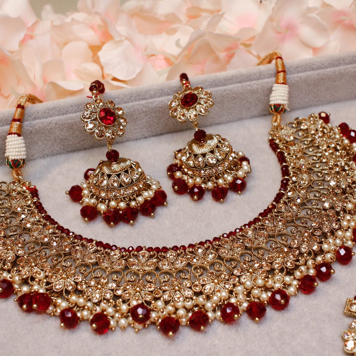 Shahmin Antique Gold Necklace set - Maroon - SOKORA JEWELSShahmin Antique Gold Necklace set - Maroon