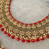 Shahmin Antique Gold Necklace set - Red - SOKORA JEWELSShahmin Antique Gold Necklace set - Red