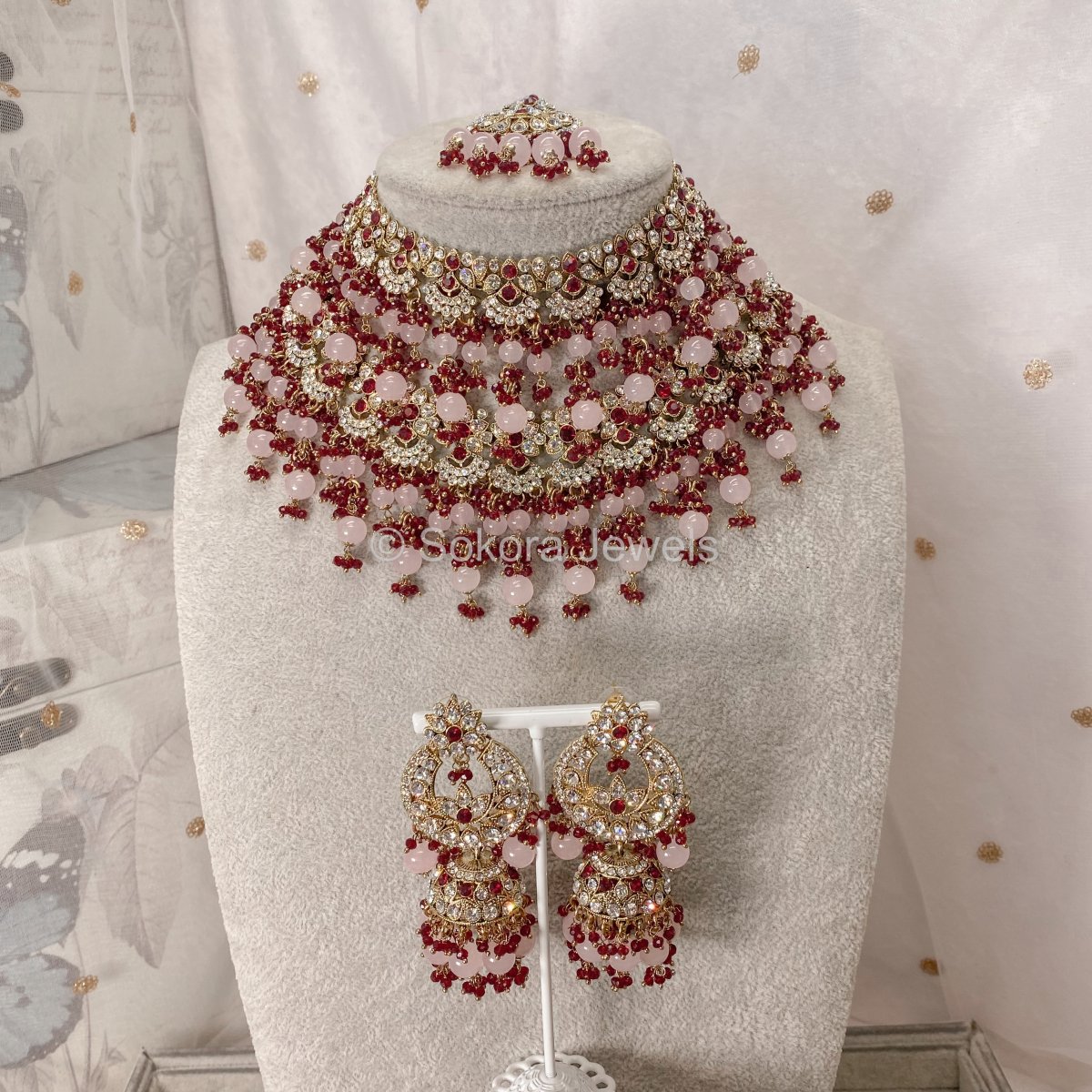 Shanaya Double Bridal Necklace Set - Maroon/Pink - SOKORA JEWELSShanaya Double Bridal Necklace Set - Maroon/Pinknecklace sets