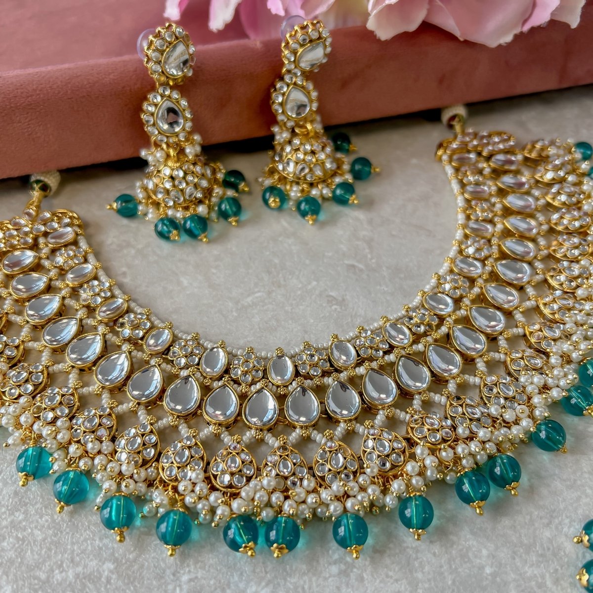 Shila Faux Kundan Set - Teal - SOKORA JEWELSShila Faux Kundan Set - TealNECKLACE SETS