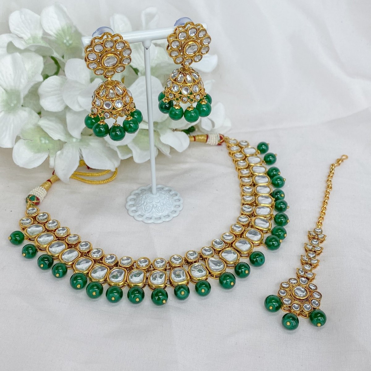Three Step Mint Green Kundan Necklace-70125 - Zezika