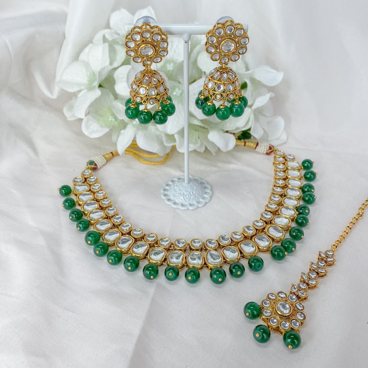 Golden Green Kundan and Pearl Necklace Set Jewelry 146JW07
