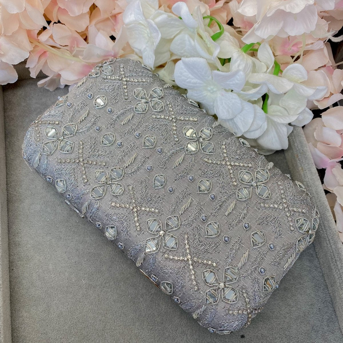 Silver embellished clutch outlet bag