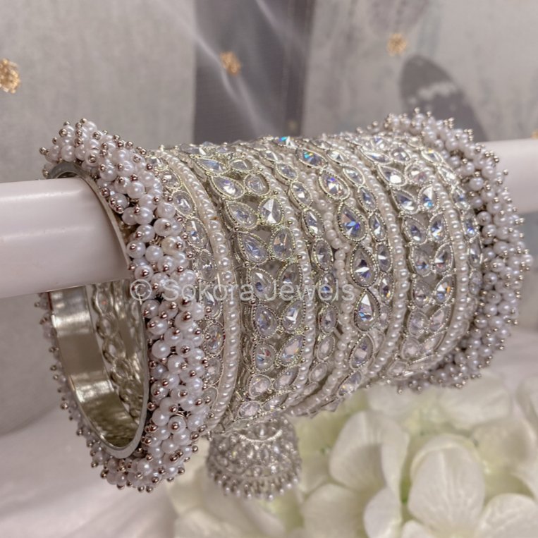 Silver Pearly Luxury Bangle stack - SOKORA JEWELSSilver Pearly Luxury Bangle stackBANGLES