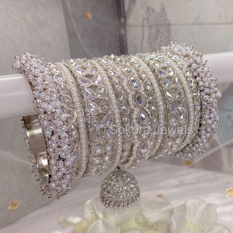 Silver Pearly Luxury Bangle stack - SOKORA JEWELSSilver Pearly Luxury Bangle stackBANGLES